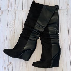 CR Faux Leather/Suede Knee-High Wedge Boots